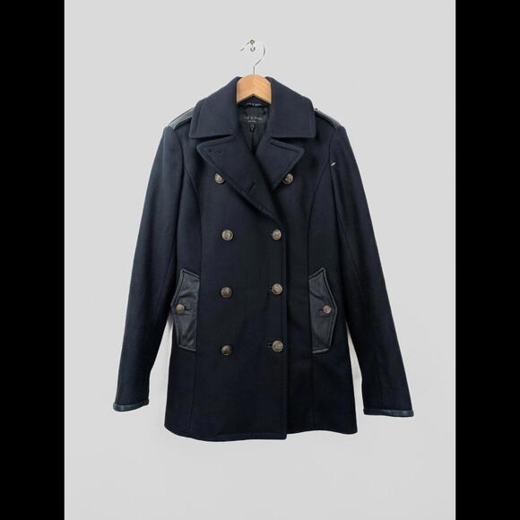 [SOLD] RAG & BONE Women's Sz US XS Black Battle Peacoat Wool Leather Trim USA - Picture 1 of 8
